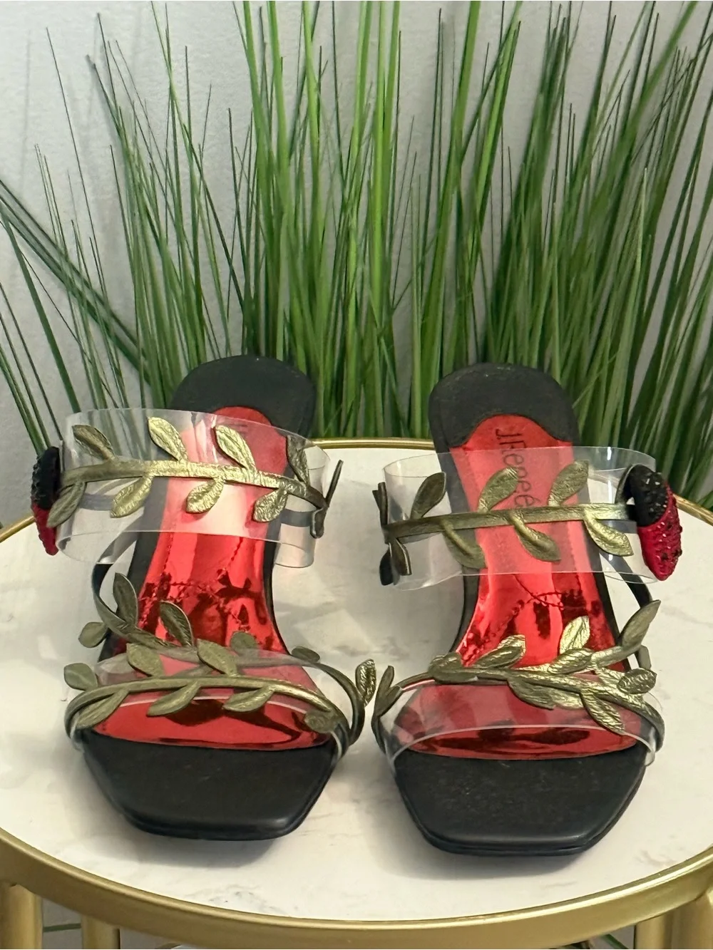NWOT J Renee Coachella  Red and Metallic Wedge Sandals with Embellished Ladybug